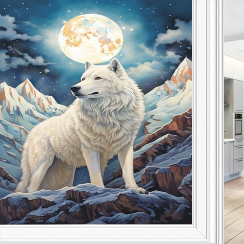 Moon Mountain Wolf Fensterfolie Dekorative Fantasie Winter Weiß Tier Buntglas Fensterfolie Sonnenblockierung Wärmeregulierung Kein Kleber Fenster Abdeckfolie für Home Office 80 * 120cm von FOCCAR