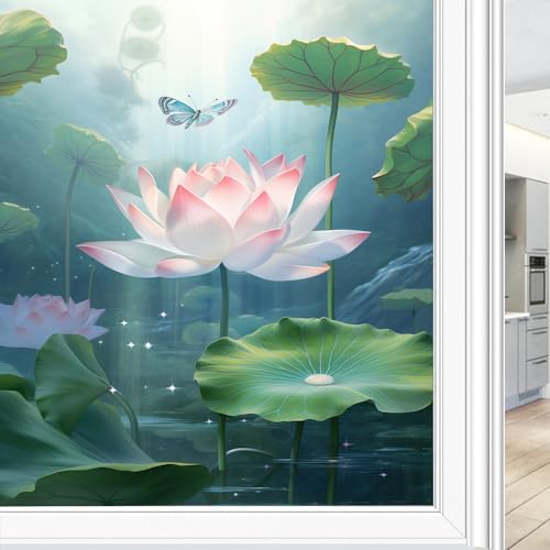Natürliche Lotus-Fensterfolie, hitzeblockierend, bunt, Schmetterling, Sommerblumen, Pflanzen, moderne Privatsphäre, Fensterdekoration, Glastürabdeckung, nicht klebende Fensteraufkleber für Badezimmer, von FOCCAR