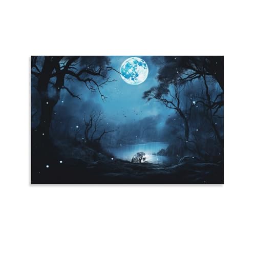 Rustikale Landschaft bedruckte Leinwand Poster Wald Mond See Nacht Landschaft Wanddekoration für Wohnzimmer Schlafzimmer Wandkunst Kunstwerk von FOCCAR