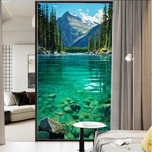 Rustikale See Landschaft Buntglas Fensterfolie Modern Wald Berg Landschaft Fenster Sichtschutzfolie Nicht Klebende Glasfolie Dekorative Statische Frischhaltefolie für Home Office 70 * 120CM von FOCCAR