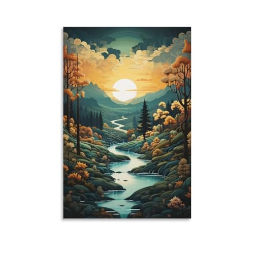 Vintage Wald bedruckte Leinwand Poster Natur Fluss Bäume Bunte Herbstlandschaft Wanddekoration für Wohnzimmer Schlafzimmer Wandkunst Kunstwerk von FOCCAR