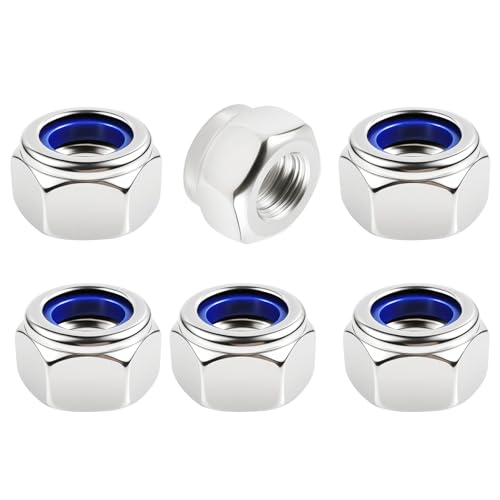 FOCMKEAS 6 Stück M10 x 1,5 mm Nylon eingesetzte Sechskantmuttern, selbstsichernde Mutter, 316 Edelstahl mit Nylon-Einsatz, selbstklemmend, einfarbig, Vollgewinde für Möbel-Reparatur, Heimwerker von FOCMKEAS