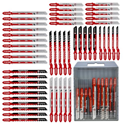 FOCSTOL Stichsägeblatt Set 50tlg - HSS/HCS T-Schaft Stichsägeblätter zum Schneiden von Metall, Holz und Kunststoff (T118A,T118B,T127D,T119B,T119BO,T101BR,T144D,T244D) von FOCSTOL