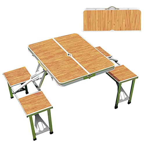 FOELANNE EIN ausklappbarer Camping-Tisch, Aluminium Campingtisch und 4 Hocker Set mit Sonnenschirmhalter Multicolor(Bamboo Knot Pattern) von FOELANNE
