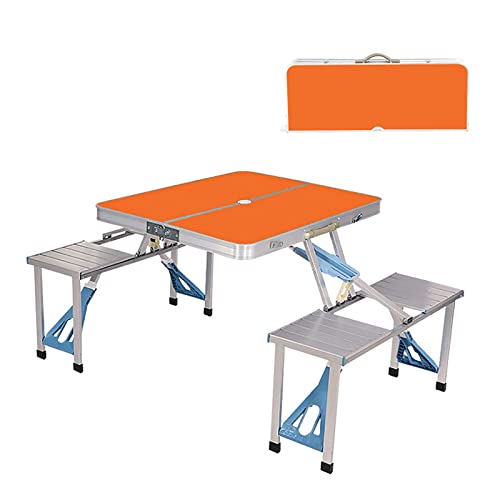 FOELANNE EIN ausklappbarer Camping-Tisch, Aluminium Campingtisch und 4 Hocker Set mit Sonnenschirmhalter Multicolor(Orange) von FOELANNE
