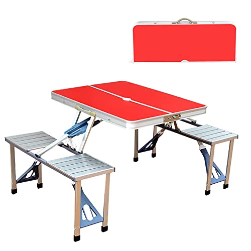 FOELANNE EIN ausklappbarer Camping-Tisch, Aluminium Campingtisch und 4 Hocker Set mit Sonnenschirmhalter Multicolor(Red) von FOELANNE