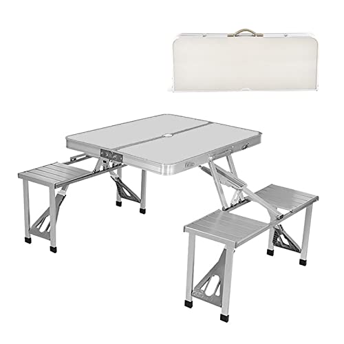 FOELANNE EIN ausklappbarer Camping-Tisch, Aluminium Campingtisch und 4 Hocker Set mit Sonnenschirmhalter Multicolor(Silver) von FOELANNE