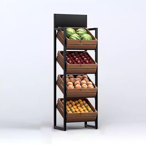 Gemüse, 4-stufiges, verstellbares Supermarktregal, Stahlrahmen mit Holzkisten in Weiß- oder Schwarznuss-Finish(Black,Walnut) von FOELANNE