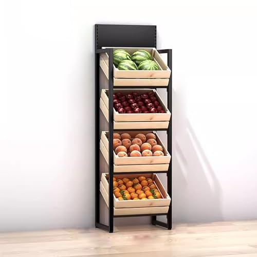 Gemüse, 4-stufiges, verstellbares Supermarktregal, Stahlrahmen mit Holzkisten in Weiß- oder Schwarznuss-Finish(Black,Wooden) von FOELANNE