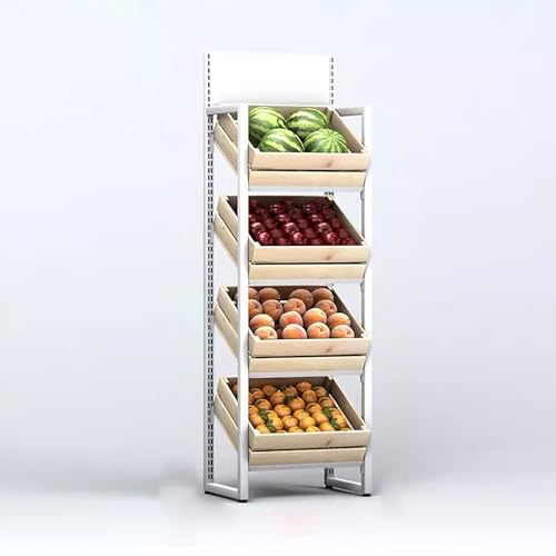 Gemüse, 4-stufiges, verstellbares Supermarktregal, Stahlrahmen mit Holzkisten in Weiß- oder Schwarznuss-Finish(White,Wooden) von FOELANNE