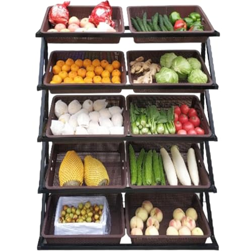 Gemüse, Einzelhandelsmarkt 5-stufiges Obst-Gemüse-Snack-Präsentationsregal mit 5 Körben, braun, einreihig(Brown,Double) von FOELANNE
