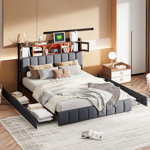 Bett mit Schublade, Doppelbett, 160 x 200 cm, mit Aufbewahrung, Bettgestell mit LED und USB-Ladeanschluss, 4 Schubladen aus Eisen, gepolstertes Bett aus weichem Leinenstoff, ohne Matratze (F Schwarz Bett mit Schublade, Doppelbett, 160 x 200 cm, mit Aufbewahrung, Bettgestell mit LED und USB-Ladeanschluss, 4 Schubladen aus Eisen, gepolstertes Bett aus weichem Leinenstoff, ohne Matratze (F Schwarz von FOERPL