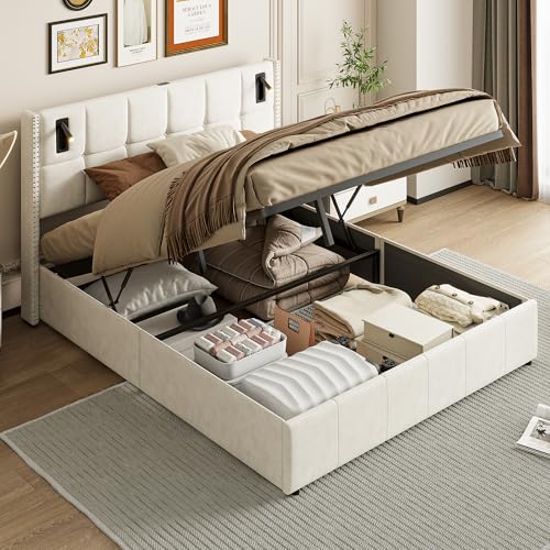 FOERPL Doppelbett 160 x 200cm mit Lampe und USB, Polsterbett Hydraulisch Bet mit Lattenrost und Stauraum, Modernes Samt Gepolstertes Bettgestell für Erwachsene, Jugendliche von FOERPL