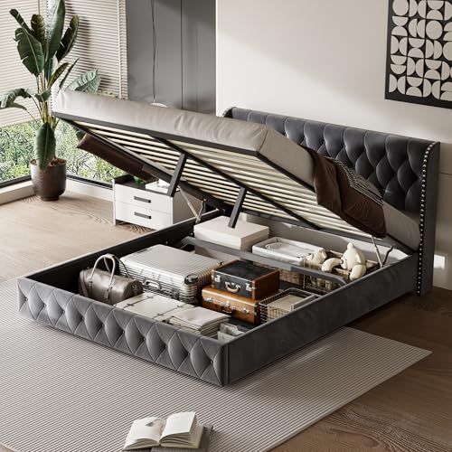 FOERPL Bett mit Stauraum Underbet, Doppelbett 160x200cm Polsterbett aus Samt, Hydraulisch Stauraumbett 160x200 Bettgestell mit Kopfteil und Lattenrost von FOERPL