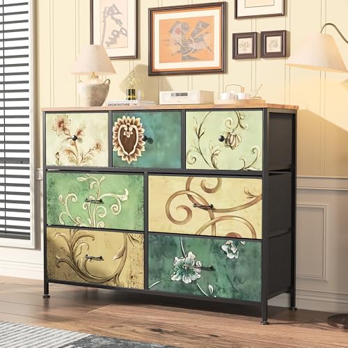 FOERPL Kommode mit 7 Schubladen, Schminktisch, Retro, Aufbewahrungsmöbel für Wohnzimmer, Schlafzimmer, Flur – Struktur aus Metall, Platte aus MDF, Holz von FOERPL