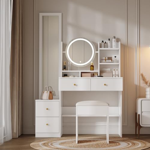 FOERPL Schminktisch mit Hocker, LED-Kosmetikspiegel und Spiegel in voller Länge, Schminktisch mit 4 Schubladen und 5 offenen Fächern – 4 in 1 Schreibtisch, Schminktisch, Weiß FOERPL Schminktisch mit Hocker, LED-Kosmetikspiegel und Spiegel in voller Länge, Schminktisch mit 4 Schubladen und 5 offenen Fächern – 4 in 1 Schreibtisch, Schminktisch, Weiß von FOERPL