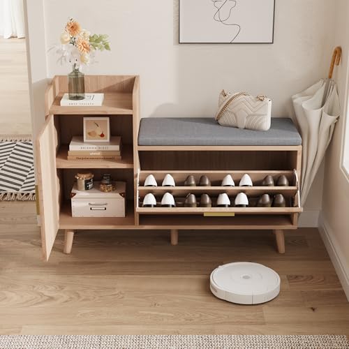 Schuhschrank mit Sitz, Möbel für Eingangsbereich, Schuhschrank mit Bank, Schuhschrank aus Holz, freistehender Schrank für den Eingang, 100 x 30 x 69,5 cm (B x T x H) von FOERPL