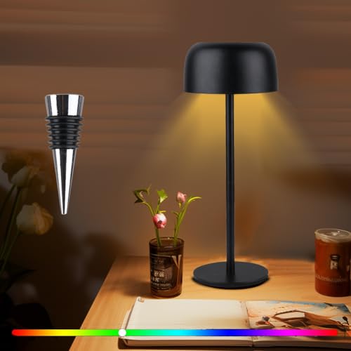 3in1 LED Tischlampe Flaschenleuchte Max. 30.5cm Hoch, Mini Dimmbar Warmweißes und 64 Farben Aufladbar Akku für Schlafzimmer Balkon Patio Terrasse (Schwarz) von FOGARI
