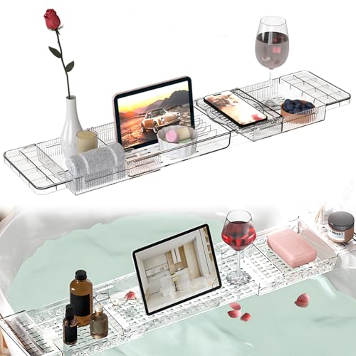 Badewannenablage aus Kunststoff Verstellbares Badewannenbrett - Badewannen Ablagen,Premium Multifunktionales Badewannenbrett für iPad, Bücher, Handtuch und Weinglas, Passend für die meisten Badewannen von FOGARI