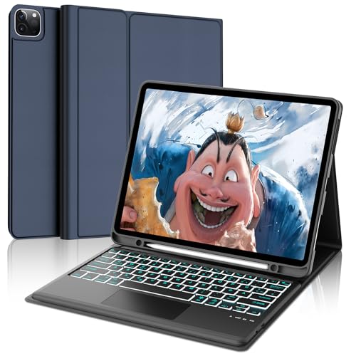 FOGARI Hülle mit Tastatur für iPad Pro 12.9 (6/5/4/3 Gen), 7 Farben Beleuchtung, Multi Touch Trackpad, Deutsches QWERTZ Magnetisch Abnehmbarer Bluetooth Tastatur für iPad 12,9 Zoll, Dunkelblau von FOGARI