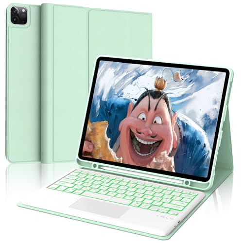 FOGARI Hülle mit Tastatur für iPad Pro 12.9 (6/5/4/3 Gen), 7 Farben Beleuchtung, Multi Touch Trackpad, Deutsches QWERTZ Magnetisch Abnehmbarer Bluetooth Tastatur für iPad 12,9 Zoll, Hellgrün von FOGARI