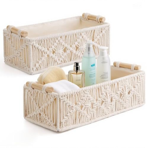 FOGARI ‌Makramee Aufbewahrungskörbe Set (2er) – Handgewebt & Boho Style – Deko Box für Schrank, Regal & Arbeitsplatte – Elfenbein – Organizer für Wohnzimmer von FOGARI