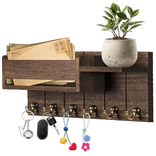 FOGARI Schlüsselbrett Holz mit Ablage, Schlüssel- und Briefhalter, Wandorganizer mit 6 Haken + Regal für Flur, Wohnzimmer, Küche, Büro, Schlafzimmer von FOGARI