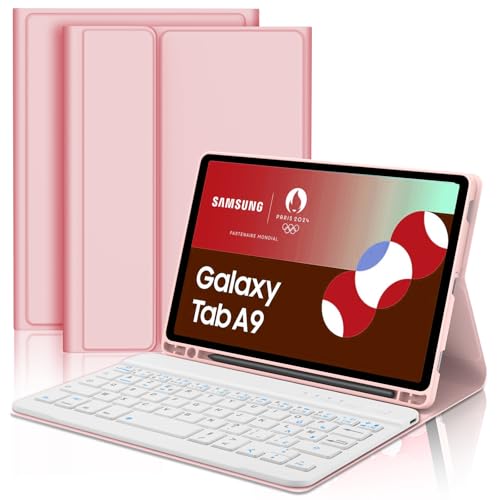 FOGARI Tastaturhülle für Samsung Galaxy Tab A9 | Französische AZERTY-Tastatur für Samsung Galaxy Tab A9 8,7 Zoll 2023 SM-X110/X115/X117, Schutzhülle mit Stifthalter, Roségold von FOGARI