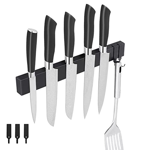 Magnetleiste Messer, FOGARI 30cm Messerhalter Magnetisch mit 3 Haken Edelstahl Messer Magnetleiste ohne Bohren Magnet Messerhalter für Utensilien und Werkzeuge (Schwarz) von FOGARI