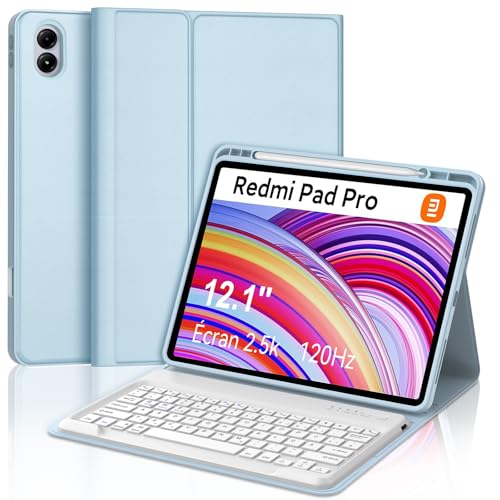 Xiaomi Redmi Pad Pro 12.1 Tastatur Hülle - Xiaomi Pad Poco 12.1 Zoll 2024, Multi Touch Trackpad, 7 Farben Beleuchtung Magnetisch Abnehmbarer Tastatur mit QWERTZ Layout, Hellblau von FOGARI