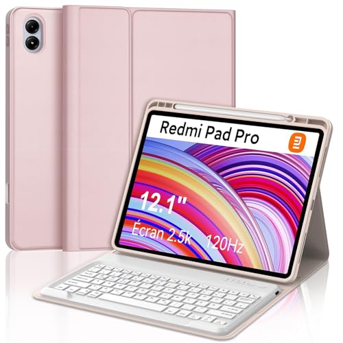 Xiaomi Redmi Pad Pro 12.1 Tastatur Hülle - Xiaomi Pad Poco 12.1 Zoll 2024, Multi Touch Trackpad, 7 Farben Beleuchtung Magnetisch Abnehmbarer Tastatur mit QWERTZ Layout, Rosa von FOGARI