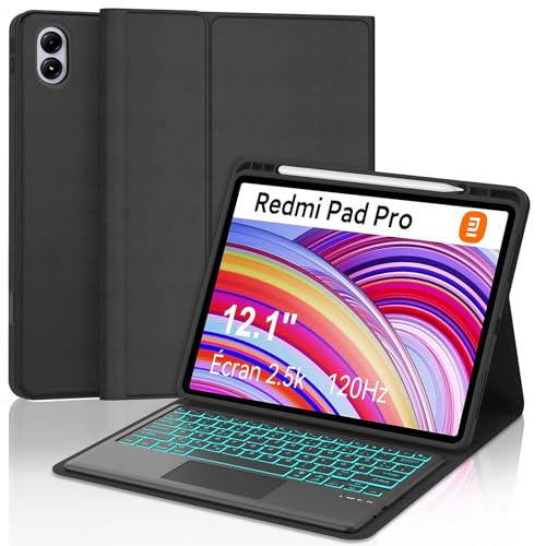 Xiaomi Redmi Pad Pro 12.1 Tastatur Hülle - Xiaomi Pad Poco 12.1 Zoll 2024, Multi Touch Trackpad, 7 Farben Beleuchtung Magnetisch Abnehmbarer Tastatur mit QWERTZ Layout, Schwarz von FOGARI