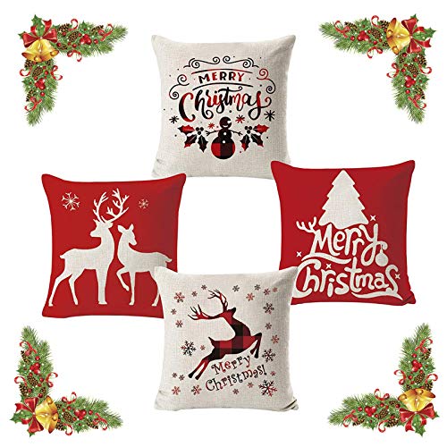 FOGAWA 4 Stück Weihnachten Kissenbezug Kissenhülle Kissenbezüge Weihnachtsbaum Rentier Wohnkultur Leinen Dekokissen für Sofa Wohnzimmer Schlafzimmer Dekoration 45x45cm von FOGAWA