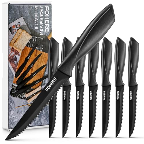 FOHERE 8 Steakmesser Set, Schwarze Steakmesser mit Sägezahn, Edelstahl, Küchenmesser, Perfekt für Weihnachtsessen, Silvesterfeiern, spülmaschinengeeignet von FOHERE