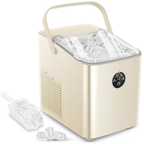 FOHERE Eiswürfelmaschine 14kg 24 Stunden, Eiswürfel in 5 Min, 2 Größen von Bullet Ice, Selbstreinigender Eiswürfelbereiter mit Griff, Eisschaufel u. Korb, Ice Maker für Party Büro RV (Off-white) von FOHERE