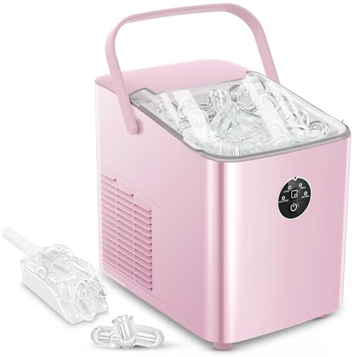 FOHERE Eiswürfelmaschine 14kg 24 Stunden, Eiswürfel in 5 Min, 2 Größen von Bullet Ice, Selbstreinigender Eiswürfelbereiter mit Griff, Eisschaufel u. Korb, Ice Maker für Party Büro RV (Rosa) von FOHERE