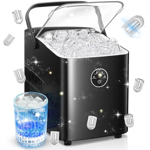 FOHERE Eiswürfelmaschine 14kg 24 Stunden, Eiswürfel in 5 Min, 2 Größen von Bullet Ice, Selbstreinigender Eiswürfelbereiter mit Griff, Eisschaufel u. Korb, Ice Maker für Party Büro RV (Dunkelschwarz) von FOHERE