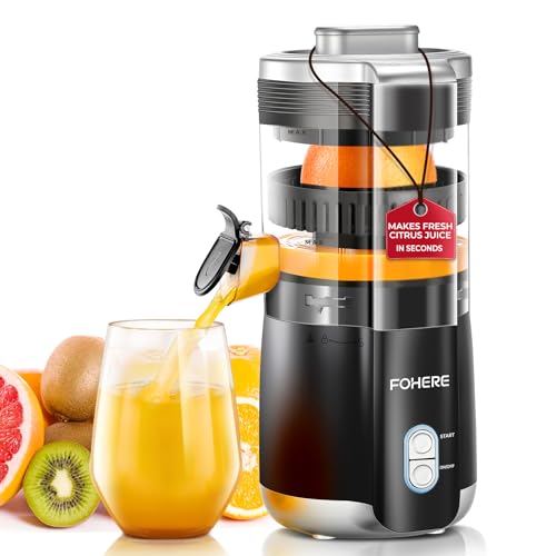 FOHERE Elektrische Zitruspresse, Automatische Orangenpresse& Saftpresse Mit 100 W Leiser Motor, BPA-frei, 2 Presskegeln für Orange, Zitrone, Trauben und Granatäpfel, Schwarz von FOHERE