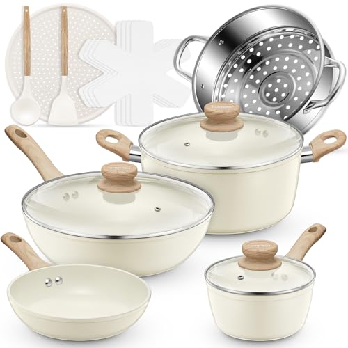 FOHERE Induktion Töpfe Set, Antihaft Topfset und Pfannenset, Keramik Kochgeschirr Set für alle Herdarten, Pfanne, Bratpfanne, Dampfgarer, Pizzablech, Kochtopf Set (15-teilige, Weiß) von FOHERE