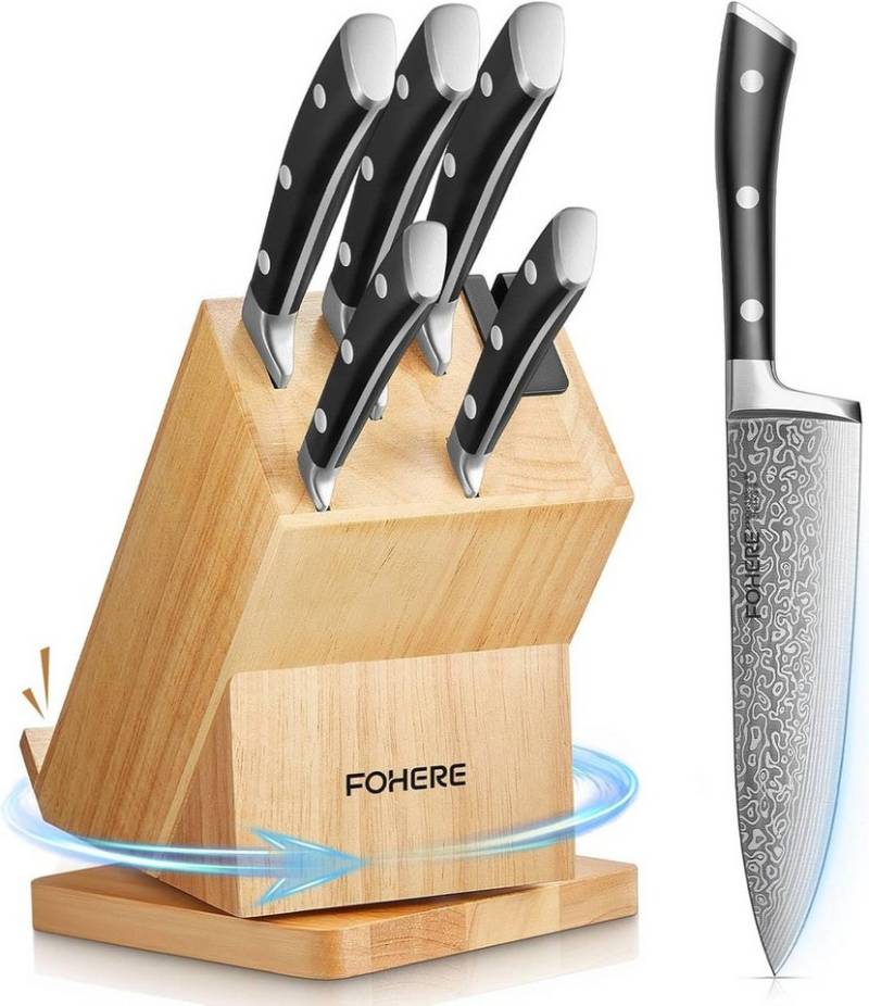 FOHERE Messer-Set 6-teiliges Küchenmesserset mit 360° drehbarem Block (Set, 6-tlg), mit dreifach vernietetem und ergonomischem Griff von FOHERE