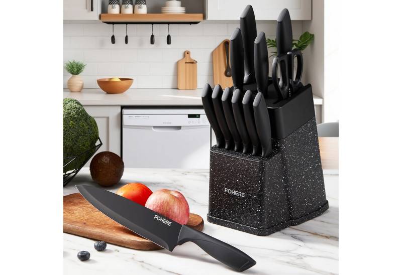 FOHERE Messer-Set aus hochwertigem Edelstahl, mit ergonomischen Griffen (13-tlg), Inkl. integriertem Schärfblock, spülmaschinenfest & rostfrei von FOHERE