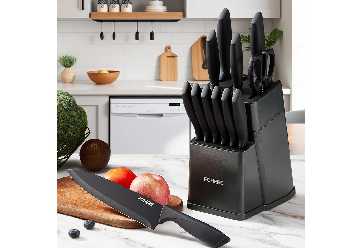 FOHERE Messer-Set aus hochwertigem Edelstahl, mit ergonomischen Griffen (13-tlg), Inkl. integriertem Schärfblock, spülmaschinenfest & rostfrei von FOHERE
