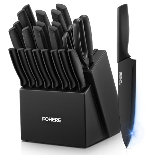 FOHERE Messerblock mit Messer 23 teilig Messerblock Set mit integriertem Schärfer Kochmesser Set Edelstahl mit Geflügelschere, Käsemesser und Ausbeinmesser, Schwarz von FOHERE