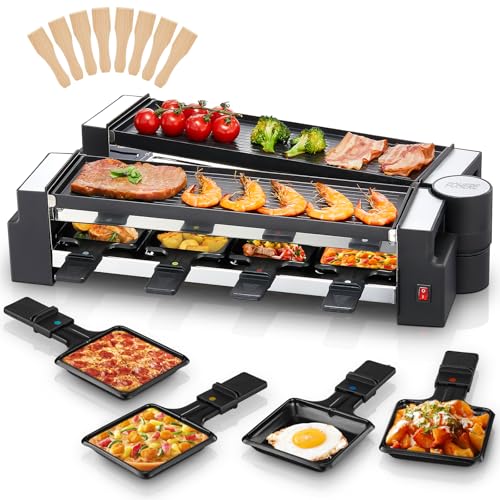 FOHERE Raclette Grill, Drehbarer Raclette 8 Personen mit Antihaftbeschichteter Backplatte und 8 Käseplatten, 1400 W, Edelstahl matt, ideal für Zuhause und Partys von FOHERE