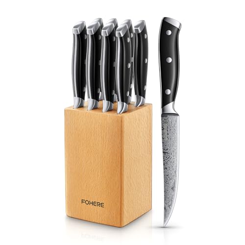 Steakmesser Set, FOHERE Edelstahl Steakbesteck Set 8 Personen mit Walnuss-Messerblock, 11.5 cm-Steakmesser aus kohlenstoffreichem Edelstahl ohne Wellenschliff, Damaskus-Muster, Full-Tang-Griffdesign von FOHERE