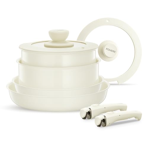 FOHERE Topfset Pfannenset 8-Teilig mit 2 Abnehmbaren Griffen Und 2 Deckel, Pfanne 20/28CM, Topf 2.6/1.4L, Induktions Töpfe Set Für alle Herdarten, Spülmaschinenfest Und ofenfest, Beige FOHERE Topfset Pfannenset 8-Teilig mit 2 Abnehmbaren Griffen Und 2 Deckel, Pfanne 20/28CM, Topf 2.6/1.4L, Induktions Töpfe Set Für alle Herdarten, Spülmaschinenfest Und ofenfest, Beige von FOHERE