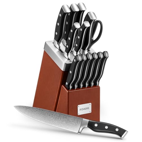Messerblock mit Messer, FOHERE Selbstschärfender Messerblock, 14-teilige, Edelstahl Messerset mit Block, Profi Küchenmesser Set mit Ergonomischem Griff, Rotbraun von FOHERE