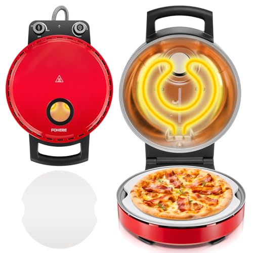 Pizzaofen, Heizt bis zu 400℃, 1500W Elektrischer Pizzaofen, 5 Temperaturstufen, Pizza Maker mit 32 cm Pizzastein, Ansichtsfenster, Timer, den Innen und Außeneinsatz, Rot von FOHERE