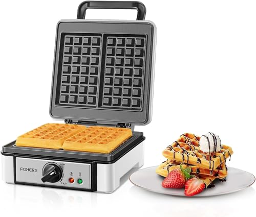 FOHERE Waffeleisen 1200W, Doppelwaffeleisen für 2 Belgische Waffeln, Doppel Waffeleisen mit Antihaftbeschichtung, Waffelautomat mit 5 Bräunungsstufen, Waffelmaker mit Überlaufrille, Cool-Touch Griff von FOHERE