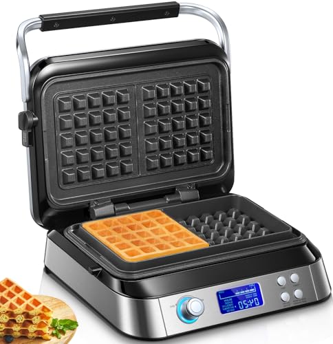 Waffeleisen 1600 W, Doppelwaffeleisen für Belgische Waffeln, 5 Programme, 7 Bräunungsstufen, LCD Display, Countdown Timer, Überlaufrille, Extra Tiefe Heizplatten von FOHERE